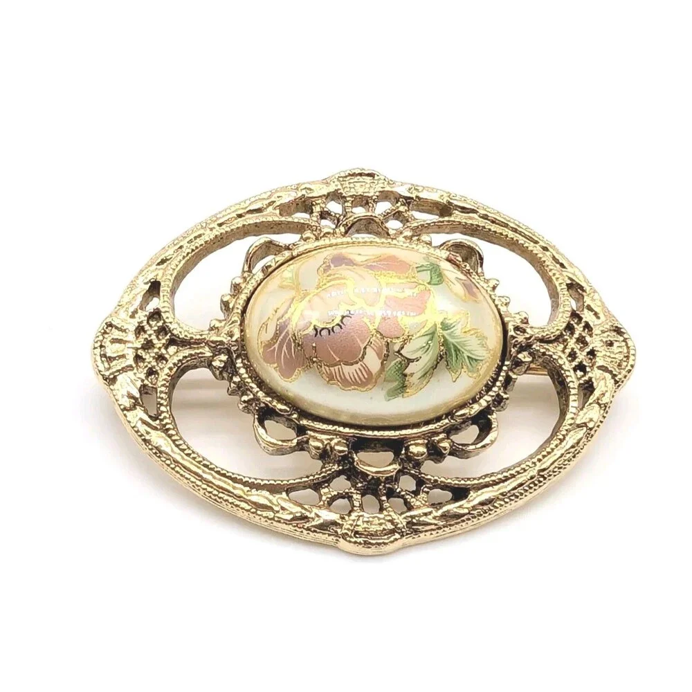 VTG Faux Pearl Gold Tone Brooch Pin Hand Painted 1928